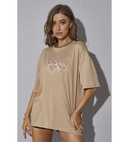 Unisex Butterfly  Baskılı T-shirt (Bej)