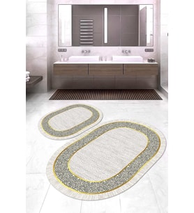 Dijital Baskılı Kaymaz Taban Yıkanabilir Oval 2'li Klozet Takımı Banyo Paspası NOKZ-SD-1071 (Krem)