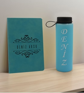 BK Gift Kişiye Özel İsimli Turkuaz Defter ve Cam Matara Hediye Seti-8, Sevgiliye Hediye, Arkadaşa Hediye, Yeni İş Hediyesi