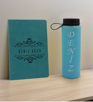 BK Gift Kişiye Özel İsimli Turkuaz Defter ve Cam Matara Hediye Seti-8, Sevgiliye Hediye, Arkadaşa Hediye, Yeni İş Hediyesi