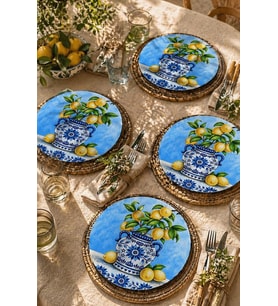 Limonlu Biblo Motifli 4'lü Supla Set – Sicilya Temalı - 30 cm, 3 mm MDF, UV Baskı, Masa Sunumu