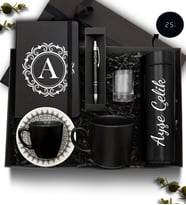 Kişiye Özel Siyah 500 ML Dereceli Termos & Defter & Kupa & Fincan& Kahve Yanı Cam Su Bardağı & Kalem Hediye Seti