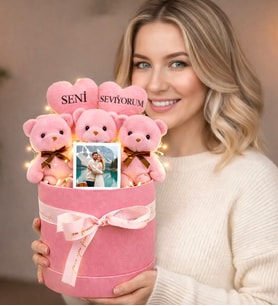 Kişiye Özel Fotoğraflı Seni Seviyorum Tasarımlı Peluş Ayıcık Buketi (Pembe)