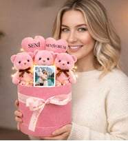 Kişiye Özel Fotoğraflı Seni Seviyorum Tasarımlı Peluş Ayıcık Buketi (Pembe)