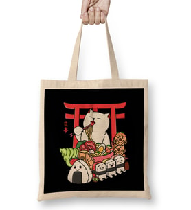 Kawaii Japanese Food Cat Bez Çanta Uzun Saplı