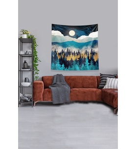 Mavi Çam Ormanı Dağ ve Ay Leke Tutmaz Kadife Kumaş Duvar Örtüsü Duvar Halısı Tapestry (Lacivert-Mavi)