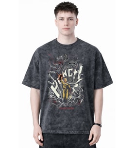 Tasarım One Punch Man Saitama Anime Baskılı Unisex Oversize Eskitme Yıkamalı Tişört