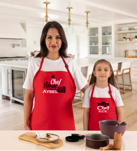 Kişiye Özel Anne Çocuk 2li Mutfak Önlüğü Chef Kırmızı