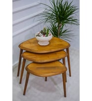 Doğal Ahşap Zigon Sehpa, Masif 3'lü Set, Modern Masif Yan Sehpa (Ceviz)