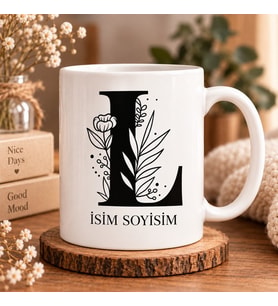 Kişiye Özel Baş Harf ve İsim Yazılı Çiçek Motifli L Harfli Seramik Kupa Bardak