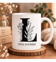 Kişiye Özel Baş Harf ve İsim Yazılı Çiçek Motifli L Harfli Seramik Kupa Bardak