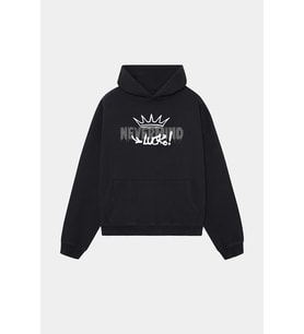 Unisex Beyaz Kapüşonlu Sweatshirt - Luck Baskılı Oversize Hoodie (Siyah)