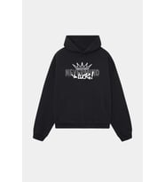 Unisex Beyaz Kapüşonlu Sweatshirt - Luck Baskılı Oversize Hoodie (Siyah)
