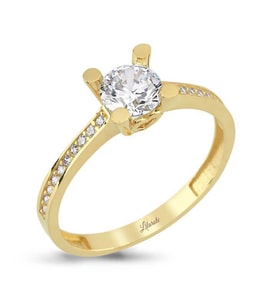Kolları Taşlı Altın Tektaş Yüzük (Gold)