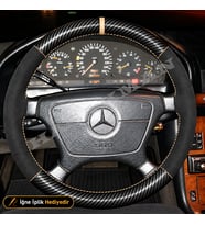 Mercedes E W124 Dikme Direksiyon Kılıfı Alcantara Süet Mat Karbon Bej Yüzük ve Dikiş 4 Kollu-Geniş Kare-Tuşsuz 1993-1995