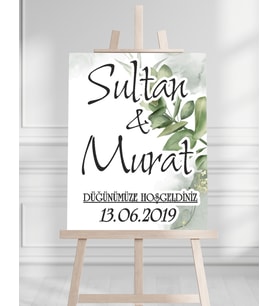 Söz Nişan Düğün İçin 50x70 Karşılama Panosu - Yaprak Tasarımlı