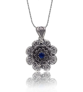 Safir Taşlı Çiçek Model Oksitli Telkari Kadın Gümüş Küpe 201023919