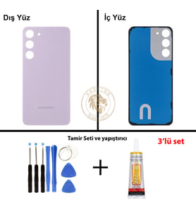 Samsung Galaxy S23 Plus Lavanta Renk Arka Kapak + Tamir Seti + B7000 Yapıştırıcı Arka Cam Batarya Kapağı Pil Kapağı Lazer Kesim Back Cover Galaxy S23 Plus Uyumlu