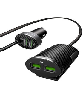 Araba Araç İçi Ön ve Arka Koltuk 2+2 USB Çakmaklık Hızlı Şarj Adaptörü Başlığı Arka Koltuk Uzatmalı (Siyah)