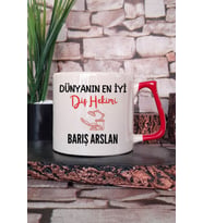 Dünyanın En İyi Diş Hekimi Baskılı Kişiye Özel Diş Doktoru Hediyelik Kırmızı Kulplu Kupa Bardak