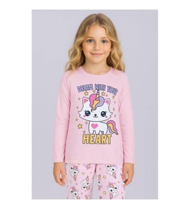 Kız Çocuk Baskılı Uzun Kollu %100 Pamuklu Pijama Takımı (Pembe)