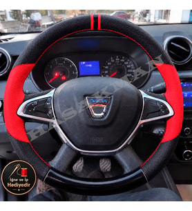 Dacia Duster Dikme Direksiyon Kılıfı Parlak Siyah Kırmızı Detaylı Kırmızı Çift Yüzük ve Dikiş 2018-2021