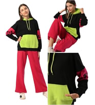 Kız Çocuk Kapüşonlu Neon Renk Bloklu Tasarım Sweatshirt