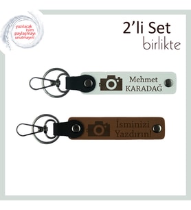 Fotoğraf Temalı Erkek Sevgiliye Tarz Deri Anahtarlık, Kalıcı Yazı Eklenebilir Set, Beyaz-Açık Kahve