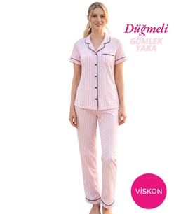 Seamlife Kadın Önden Düğme Gömlek Yaka Saten Biyeli Göğüs Cepli Viskon Kısa Kol Pijama Takımı (Pembe)