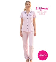 Seamlife Kadın Önden Düğme Gömlek Yaka Saten Biyeli Göğüs Cepli Viskon Kısa Kol Pijama Takımı (Pembe)