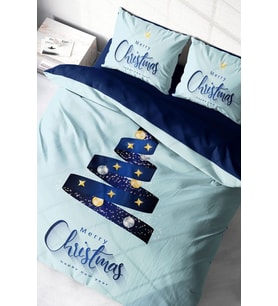 Yılbaşı Nevresim Takım %100 Doğal Pamuk Merry Christmas Çift Kişilik Blue Star