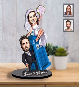 Kişiye Özel Gelin Damat  Karikatürlü İki Katmanlı Ahşap Biblo  Mod-3