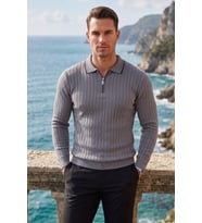 DeepSEA Erkek Slim Fit Tüylenmeyen Çizgi Dokulu Beyaz Triko Kazak – Fermuarlı Polo Yaka 2700401