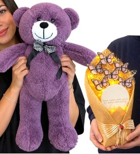 Büyük Boy Mor Peluş Ayıcık ve LED Işıklı Aynalı Beyaz Kelebek Buketi Hediye Seti