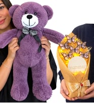 Büyük Boy Mor Peluş Ayıcık ve LED Işıklı Aynalı Beyaz Kelebek Buketi Hediye Seti