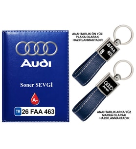 Plakanıza Özel Audi Logolu Lacivert Ruhsat Kabı ve Anahtarlık