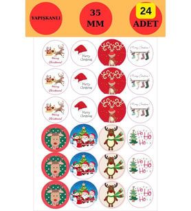 24 Adet - Geyik & Noel Şapkalı Sticker - Yılbaşı Sticker - Paketleme Sticker - Yılbaşı Süsü - Yılbaş