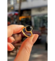 Gümüş 10x8 mm siyah onix taşlı altın kaplama yüzük (Sarı)