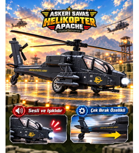 Oyuncak Helikopter Metal Sesli Işıklı Çek Bırak Askeri Savaş Apaçi Apache Helicopter Diecast Model 23 Cm
