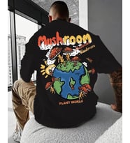 AMOR MAN ÖZEL TASARIM PLANT WORLD MANTAR SIRT BASKILI SOKAK MODASI OVERSİZE ERKEK T-SHIRT (Siyah)