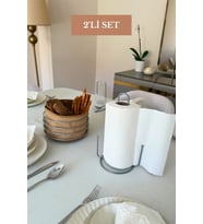 2’li Set Mat Gümüş Dik Kağıt Havluluk Misketli Yuvarlak Ekmek Sepeti Mutfak Seti