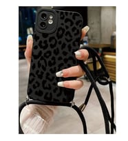 Coverzone ?Phone 11 ?le Uyumlu �zel Leopar Tasar?ml? Kadife ?� Y�zey Ayarlanabilir ?pli Boyun Ask?l? Lansman Yumu?ak Silikon Telefon K?l?f? -CF01 Siyah