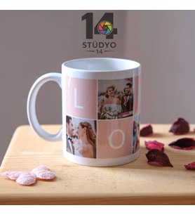 Stüdyo 14 Kişiye Özel Love Kolaj Tasarımlı 5 Fotoğraf Alanlı Kupa -Mug ( Sevgiliye - Eşe Hediye )