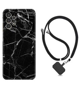 Samsung Galaxy M14 Kılıf Resimli Boyun Askılı İpli Desenli Silikon Fragile Black Mermer 1378