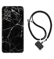Samsung Galaxy M14 Kılıf Resimli Boyun Askılı İpli Desenli Silikon Fragile Black Mermer 1378