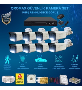 QROMAX 8 Kameralı Set - Yapay Zeka Özellikli İnsan Yüz Araç Tanımalı Gece Renkli Gösteren 5 MP SONY Lensli 4 Warm Ledli FULLHD Güvenlik Kamerası Seti 3404W