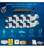 QROMAX 8 Kameralı Set - Yapay Zeka Özellikli İnsan Yüz Araç Tanımalı Gece Renkli Gösteren 5 MP SONY Lensli 4 Warm Ledli FULLHD Güvenlik Kamerası Seti 3404W