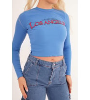 23254241 Kaşkorse Los Angeles Baskılı Crop Bluz MAVI (Mavi)