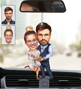 Kişiye Özel Fotoğraflı Mutlu Çift Tasarımlı Karikatür Araba Dikiz Ayna Süsü