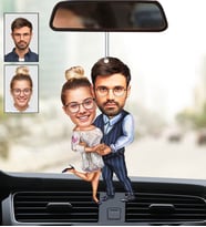 Kişiye Özel Fotoğraflı Mutlu Çift Tasarımlı Karikatür Araba Dikiz Ayna Süsü